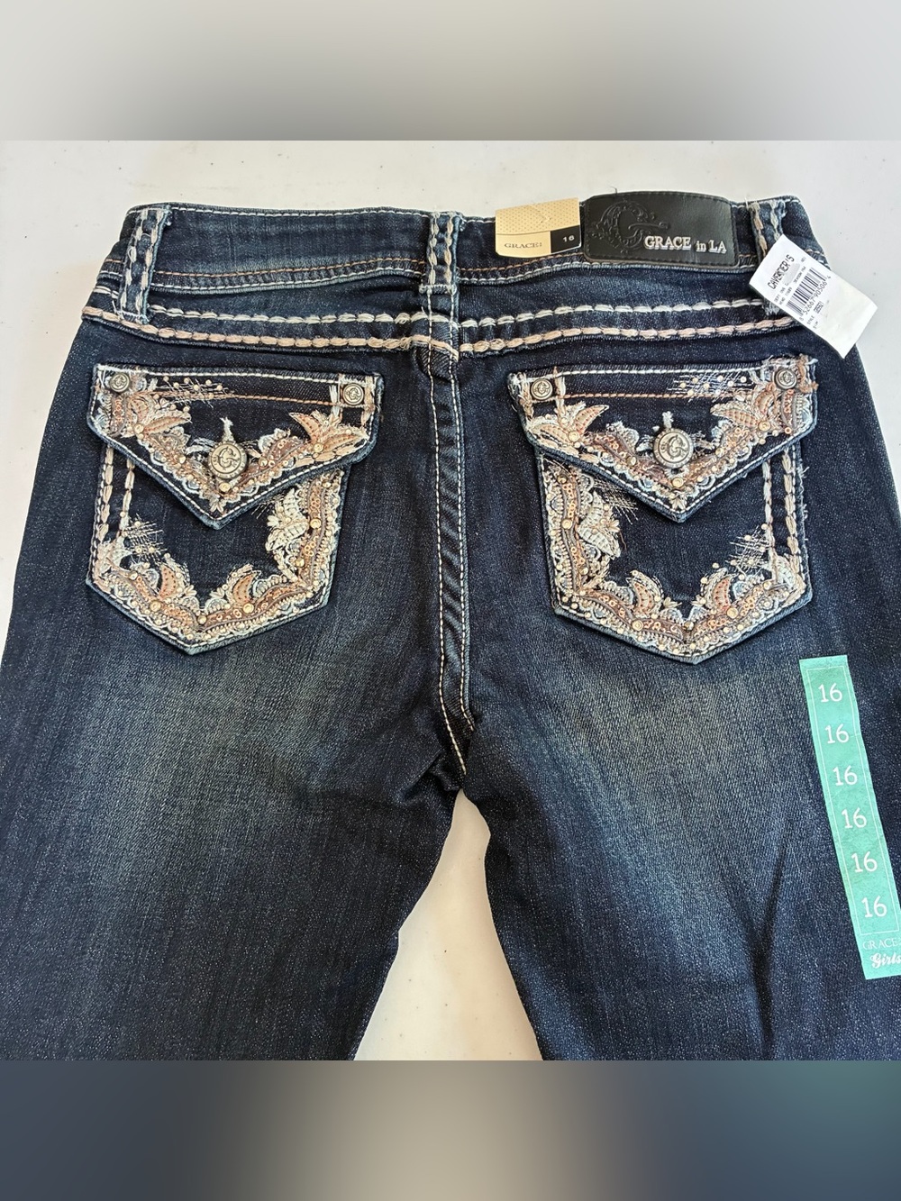 Grace In La Girls' Sz 16 Dark Wash Bootcut Stretch - Embroidered Rhinestones New